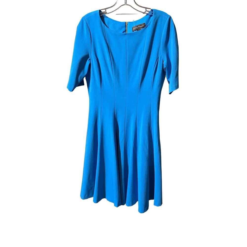 Jessica Howard Fit & Flare Dress Womens 8 Blue Short Sleeve Gold Zip Crepe